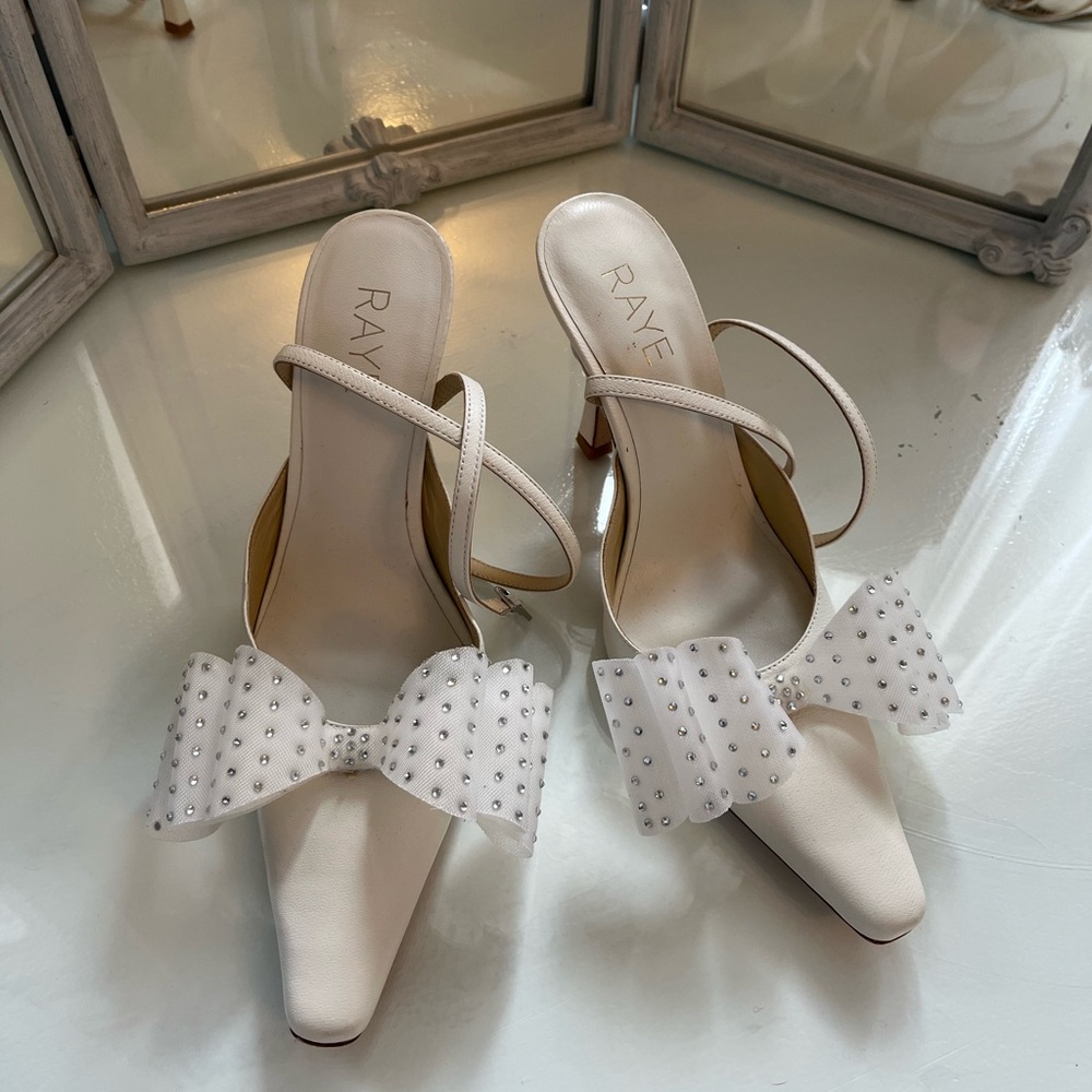 RAYE White leather Studded Bow Pointed-Toe Mules with Ankle Strap 37.5 NWOT
